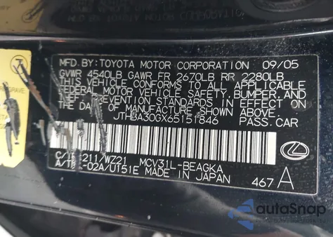 2006 Lexus Es 330 z USA, uszkodzony, nr VIN JTHBA30GX65151846